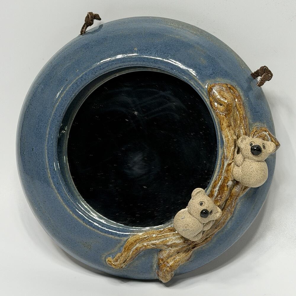 Small Studio Pottery Decorative Mirror 3D Sculpted Koalas on Branch Blue 7"